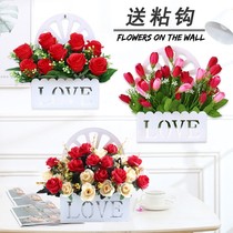 Wall hanging creative fake flower hanging basket simulation rose set plastic fence living room silk flower wall hanging wall decoration flower