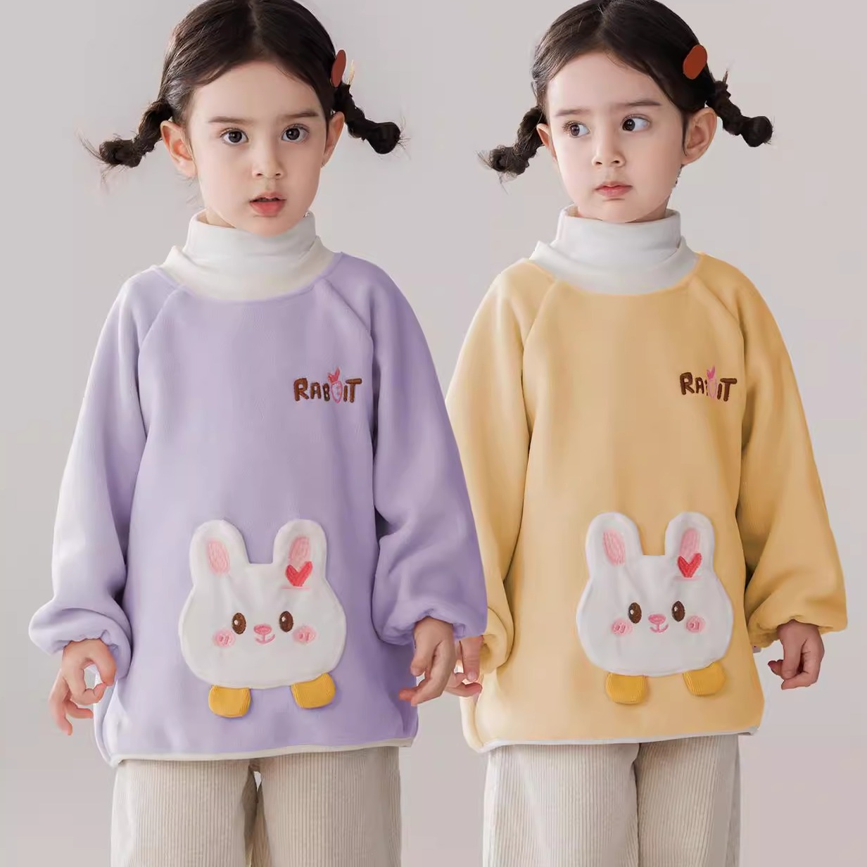 Coveralls for women, new winter clothes, children's long-sleeved autumn velvet cotton clothes, anti-dirty and warm, inverted coats, infants and young children eating bibs