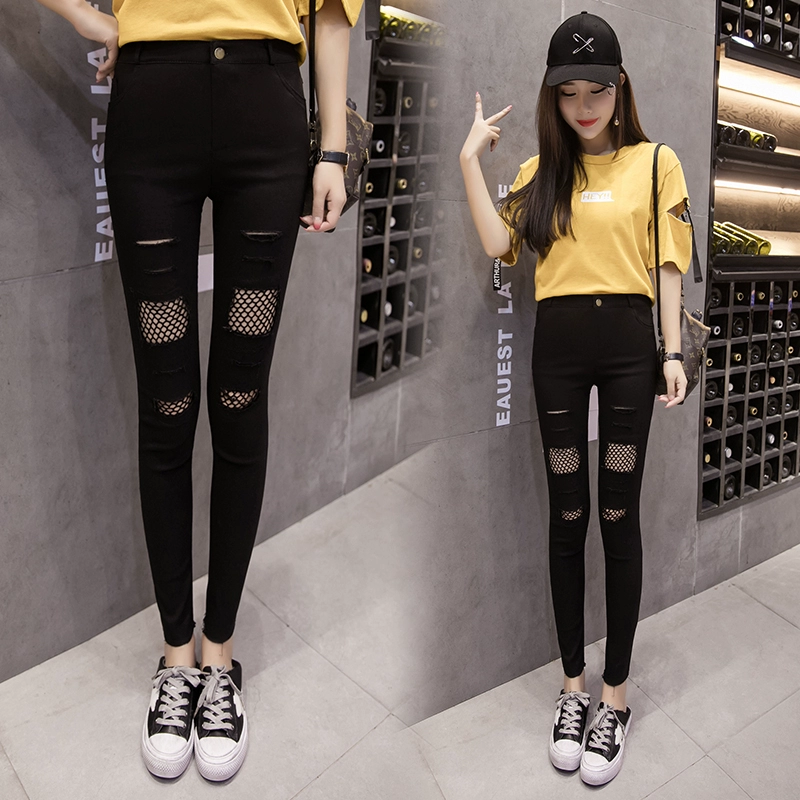 2020 phiên bản mới của Hàn Quốc mùa xuân và mùa thu quần legging lỗ chín điểm mặc quần dài màu đen co giãn bút chì - Quần tây thường