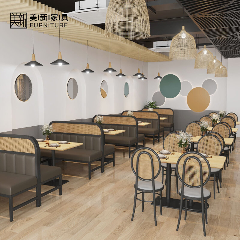 Barbecue shop restaurant rattan wrought iron against the wall card seat restaurant theme restaurant music bar solid wood table and chair combination