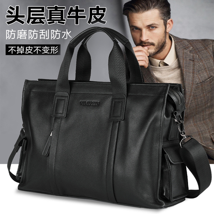 Business Genuine Leather Male Clad Bull Leather Bag Slanted Satchel men's handbag Large capacity briefcase pen electric pack Trend