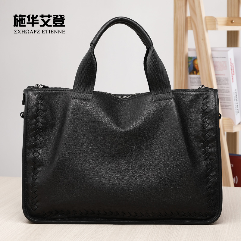 Goat Leather Handbag Men's Business Casual Soft Leather Large Capacity Woven Men Genuine Leather Briefcase Single Shoulder Inclined Satchel Bag