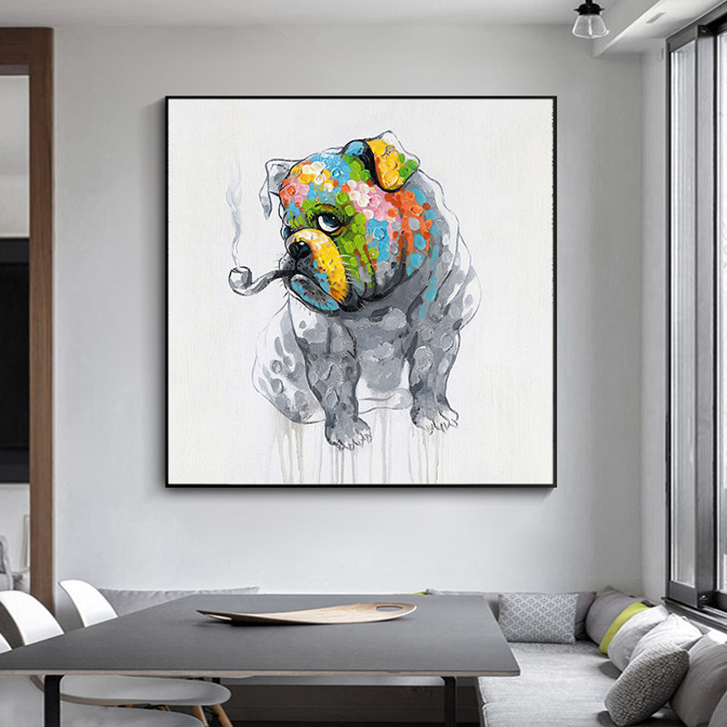 Cartoon dog original pure hand-painted oil painting Nordic style living room decoration painting Dining room bedroom hanging painting Children's room mural