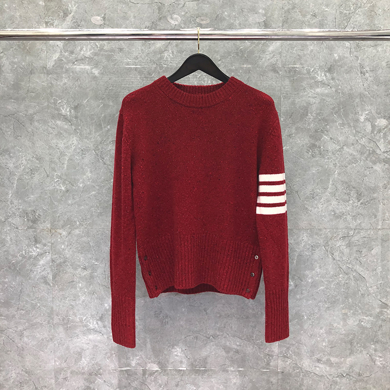 Tb Red Short Sweater Christmas New Year Burgundy Round Neck Four Stripes Loose Lazy Style Outerwear Autumn Winter Knitwear