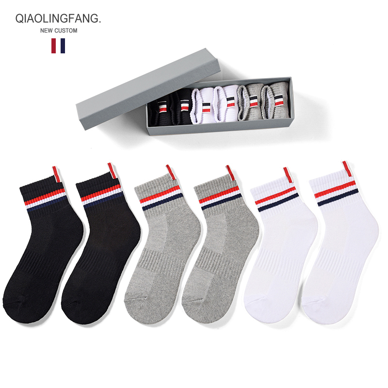 Tb Mid-Calf Socks, Pure Cotton, Thick Long Socks, Unisex Couple Style, College Style, Striped Webbing, Sports Calf Socks, Boxed