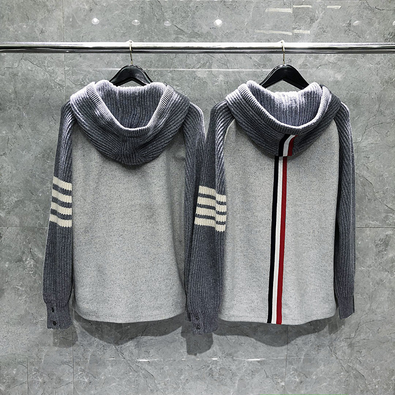 Tb Knitted Jacket Hooded Zip-Up Cardigan Sweater for Men and Women Couple Wear with Back Strap Red White Blue Sweatshirt Autumn and Winter Trendy Style