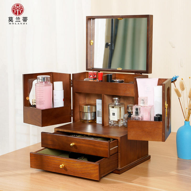 Solid wood drawer cosmetic containing box home finishing skincare table makeup desk lignous mouth red containing box