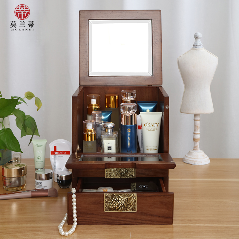 Cosmetics storage box solid wood drawer desktop rack skin care products lipstick desktop wooden makeup table box