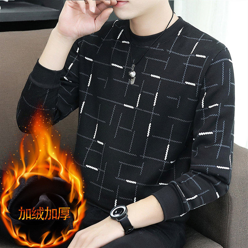 男士毛衣2019新款韩版冬季圆领加绒加厚时尚休闲百搭打底针织衫