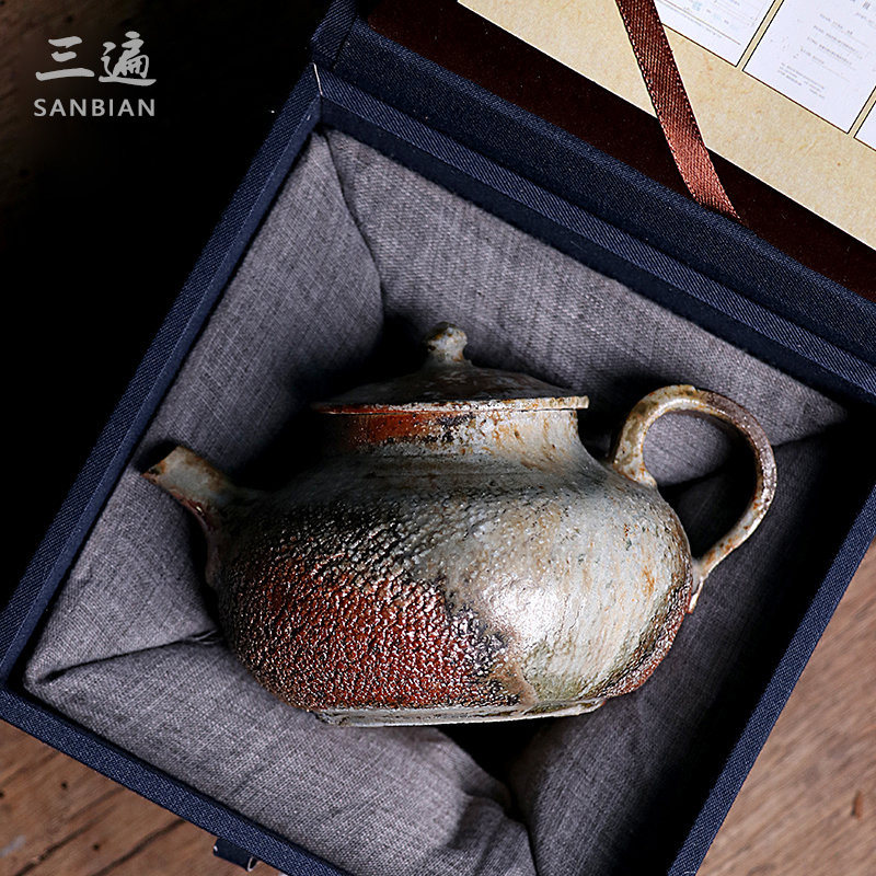 (Handmade)Natural ash unglazed wood-fired burst pot cup Tea set Handmade Kung Fu tea set Teapot