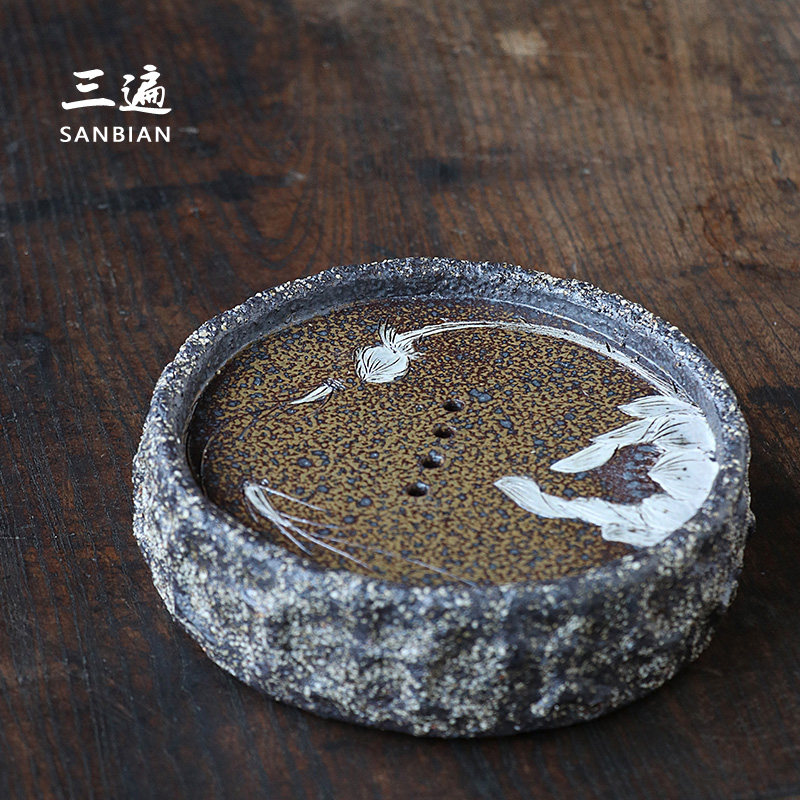 Three times Taiwan handmade round pot tea stand Square dry bubble plate Coarse pottery pot holder Small water storage tea table