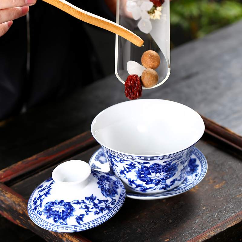 Tureen large blue and white porcelain only three cups of jingdezhen ceramic worship three fort kung fu tea tea cups