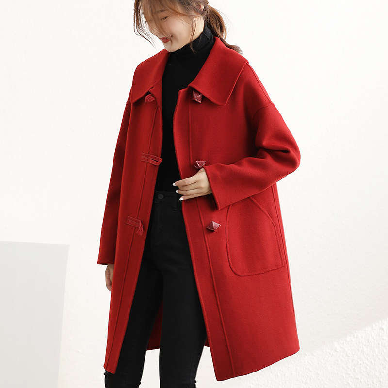 Red double-sided cashmere coat women's mid-length 2021 new fall/winter small tall high-end wedding tweed coat