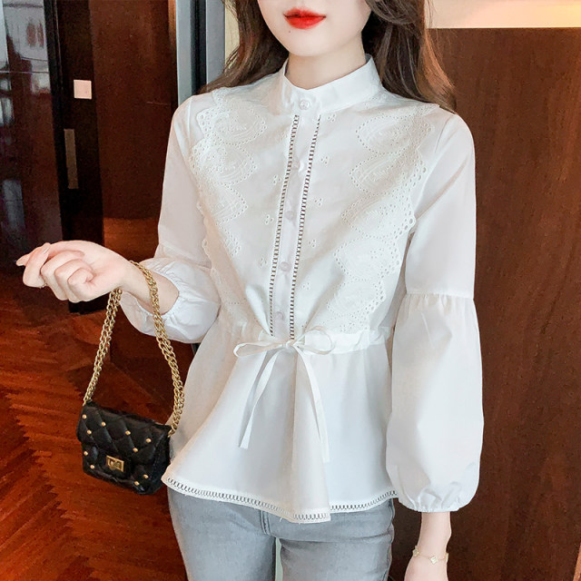 2022 autumn clothes stand collar drawstring waist slimming long-sleeved shirt embroidered lace lace top literary women's clothing