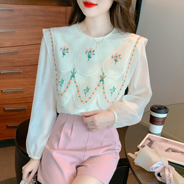 Korean chic French temperament layered wave doll collar flower embroidery shawl design loose long-sleeved shirt women