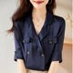 French top women's summer high-end acetate short-sleeved intellectual mature OL wind loose pocket five-point sleeve shirt trendy