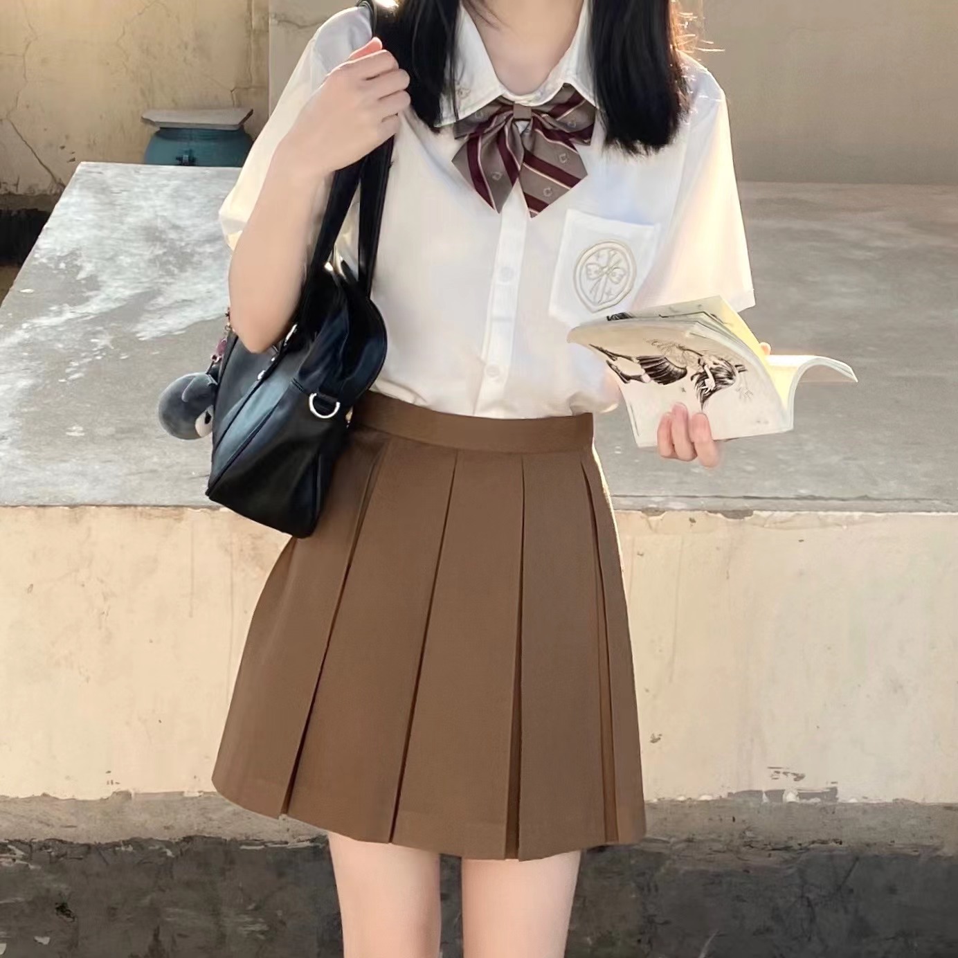 (Pole Star Division) cyan gray black solid color skirt all-match skirt box pleat basic spring and summer jk skirt jk uniform