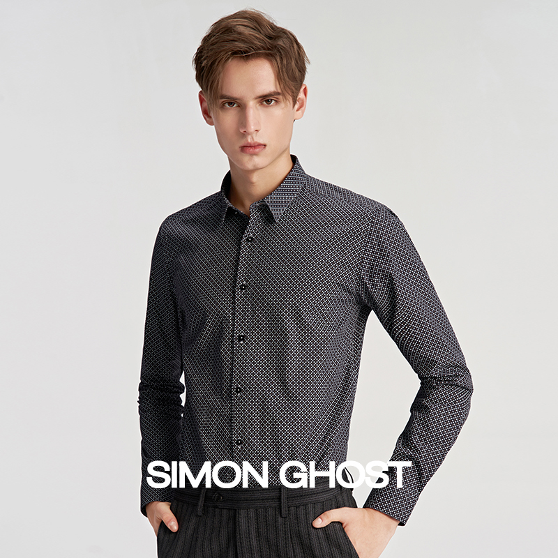 Simon Ghost Shirt Men's Italian Imported Canclini Pure Cotton Plaid Slim Black Business Shirt
