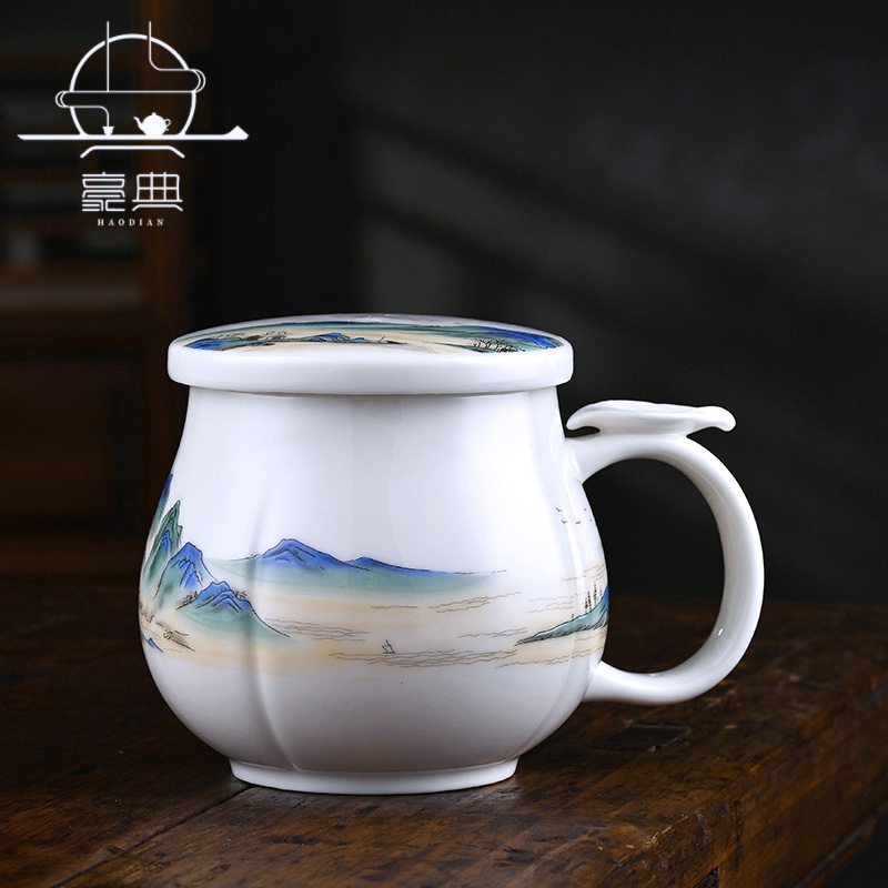 Mutton jade white porcelain tea cup office one person with cup ceramic filter teapot one pot two cups tea set water cup