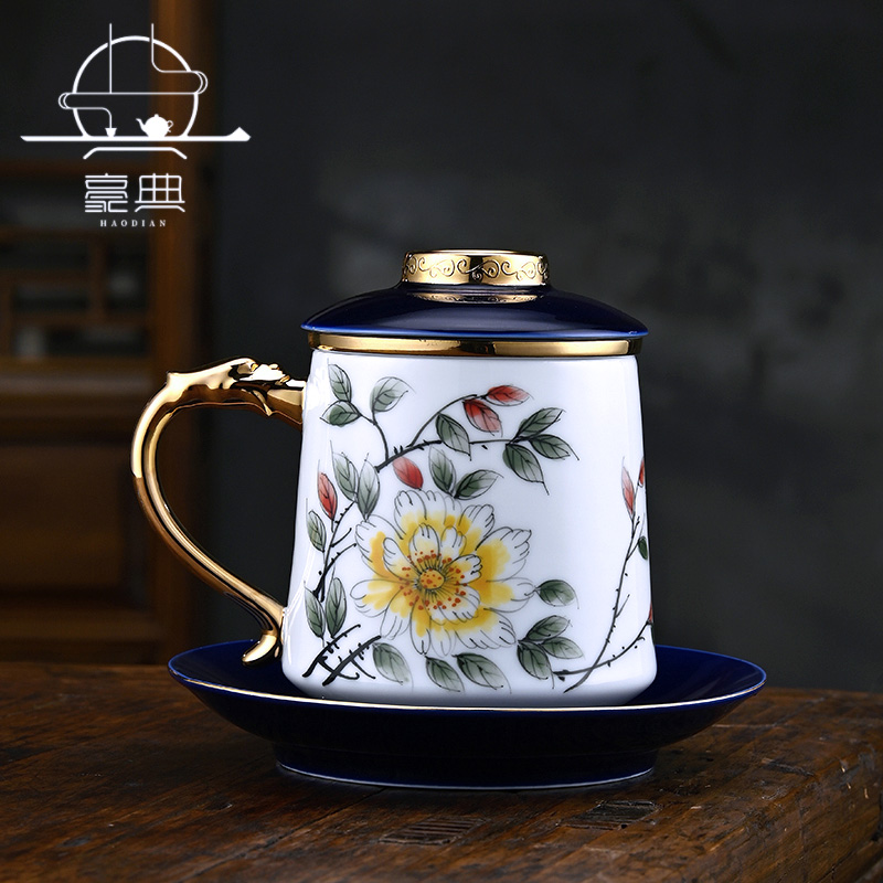 Hand-painted ceramic office single cup tea cup light luxury with lid filter water cup tea water separation household cup