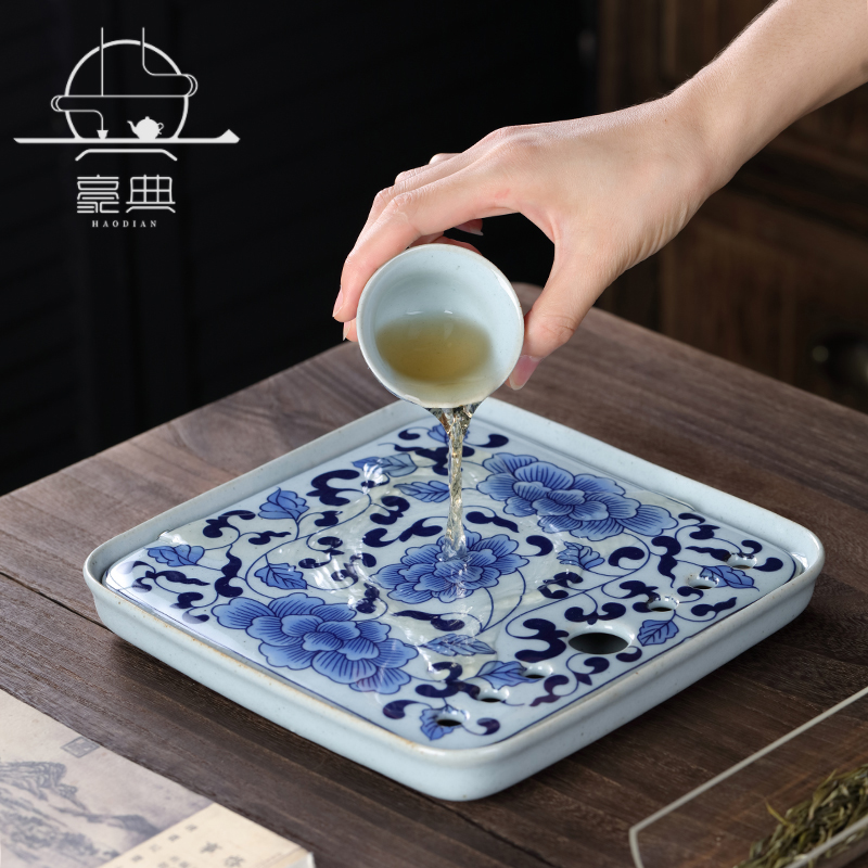 Jingdezhen blue and white porcelain tea tray water storage pot bearing small tea table ceramic square antique tea set accessories tray home