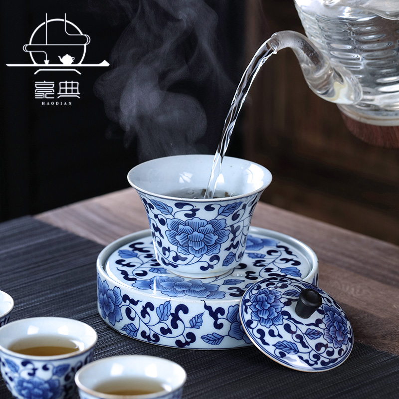 Jingdezhen Blue and White Porcelain Sancai Gaiwan Tea Cup Single Ceramic Tea Set Large Tea Bowl Not Hot to Hand Household Pot Holder