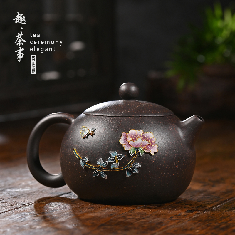 Yixing black gold sand purple sand pot single pot pure handmade Xi Shi pot large light luxury cloisonne tea set teapot household