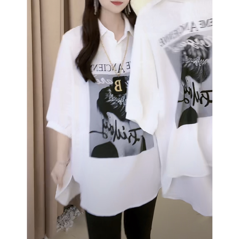 Printed Backless Girl's Mid-Length Collared Shirt, Women's Short-Sleeved Chiffon Shirt, Stylish Butt-Covering Slit Curved Top Printed Backless Girl's Mid-Length Collared Shirt, Women's Short-Sleeved Chiffon Shirt, Stylish Butt-Covering Slit Curved Top