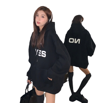 Terry cotton thickened lazy style black fashionable hooded sweatshirt plus size womens mid-length versatile top for small people