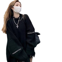 Hepburn style slimming ripped tassel knitted sweater for women loose mid-length thickened autumn and winter chic top with high-end feel