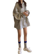 Korean version loose with long style Lazy Wind Cec Overfire Blouse ins2023 New Pure Color Tandem Cap Big Code Necropolis Woman