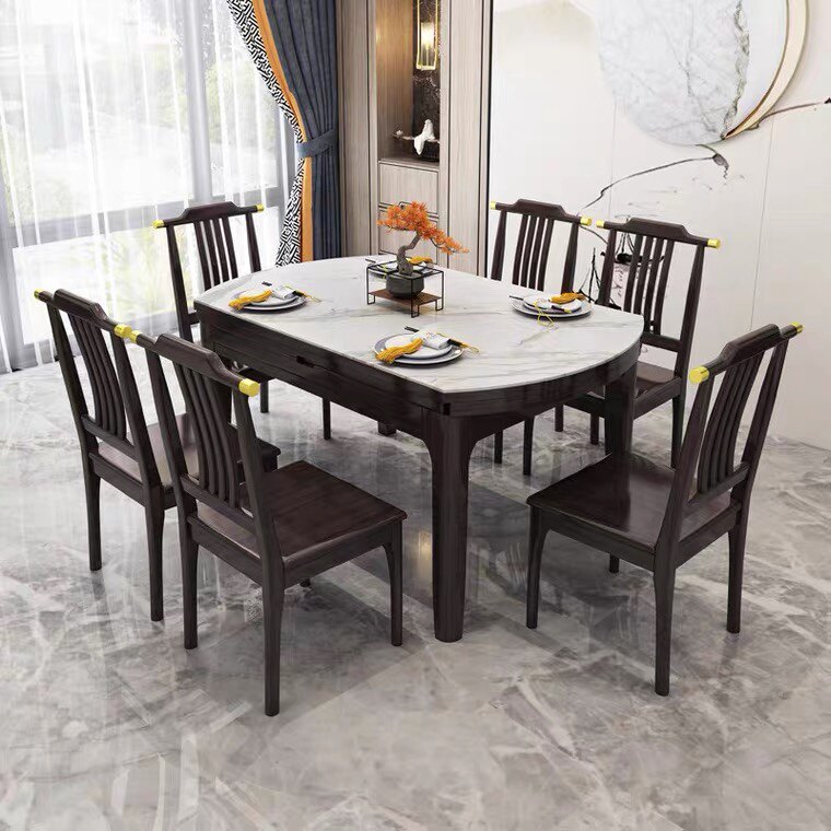 New Chinese-style slate dining table and chair combination simple modern folding round table light luxury square and round dual-purpose solid wood telescopic dining table