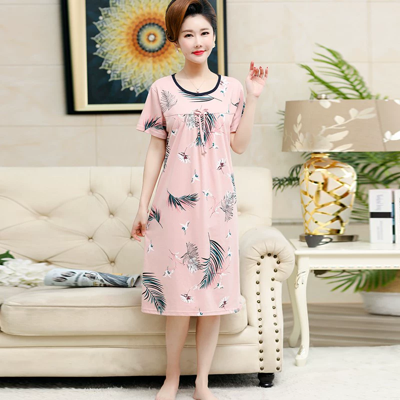 . Bà mẹ trung niên và bà mẹ trung niên Váy ngủ cotton mùa hè ngắn tay bà mẹ cotton mùa hè đồ ngủ ở nhà - Pyjama