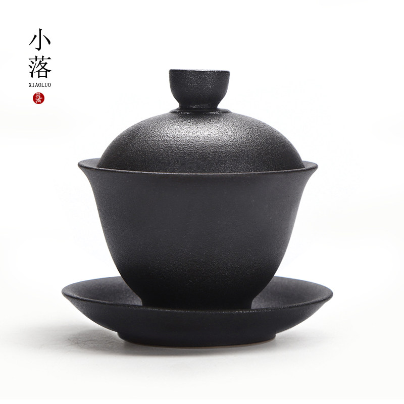 Black Pottery Sancai Cover Bowl Ceramic Tea Bowl Japanese Style Simple Single Large Tea Cup Household Hand Grab Pot Custom Logo