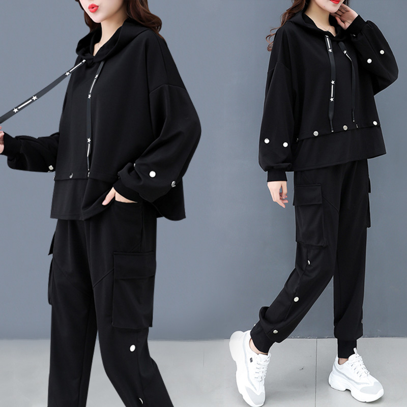 Early autumn large size women's clothing 2021 new mini fat sister thin tooling two-piece set fried street age-reducing fashion suit
