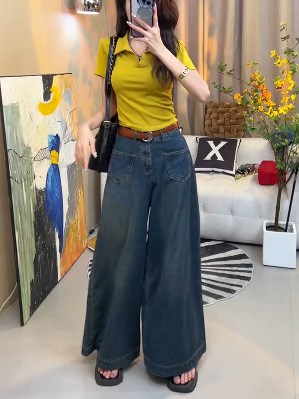 Wide-Leg Flared Pants with Belt, Palace-Style Denim Jeans for Women, Dark Blue, 2026 Summer New Style, High-Waisted, Loose and Versatile