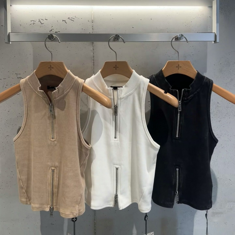 26 New Styles Retro High-Neck Killer Vest Vintage Dyed Faded Zipper High-Neck Top Versatile