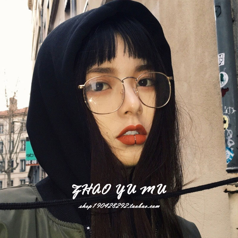 Ins wind net red gold large frame plain glasses women's short-sighted Korean version tide round face glasses frame big face thin male