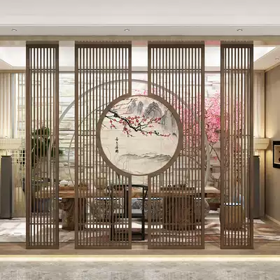 New Chinese style solid wood screen partition wall living room office simple modern entrance entrance hollow landscape flowers and birds