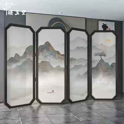 New Chinese style solid wood screen partition folding mobile office entry occlusion living room entrance block brake Simple landscape