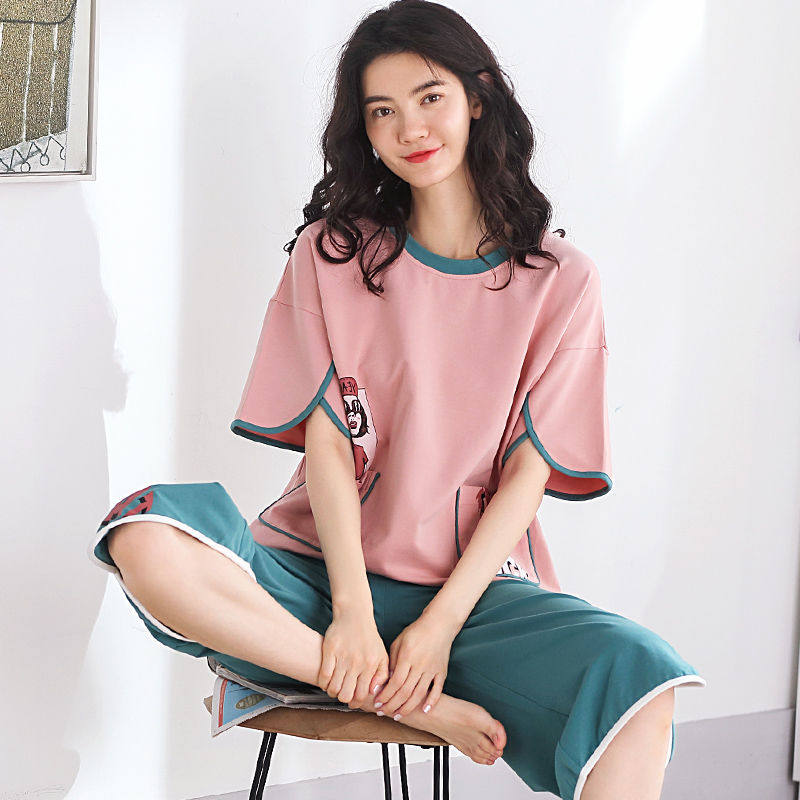 Pure Cotton Pyjamas Woman Summer Short Sleeve Loose Type Pyjamas Shorts Korean Version Seven-Pants Casual Home Suit Women Suit