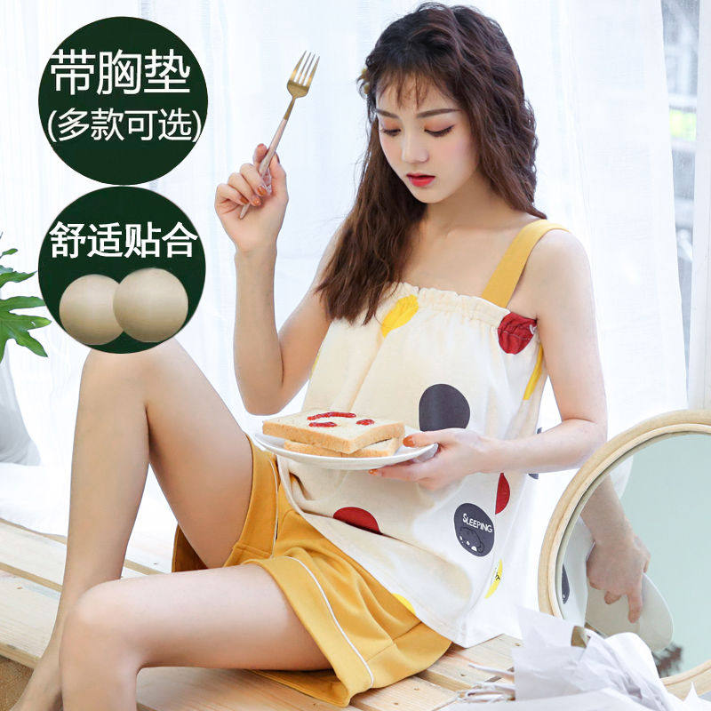 With chest pad pajamas Women's summer suspenders Sexy cotton two-piece suit Women's students cute home clothes can be worn outside