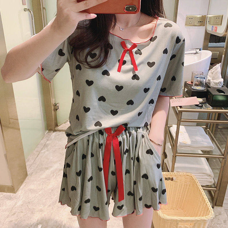 Pajamas women's summer thin section student Korean version peach heart cute two-piece suit princess wind home service short-sleeved can be worn outside