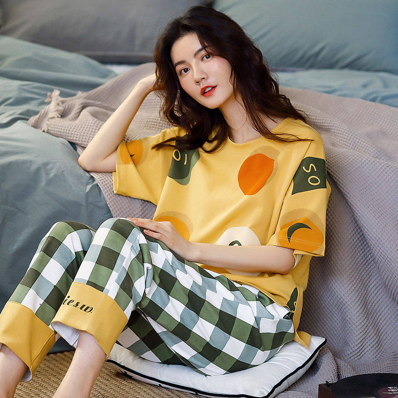 Sleepwear Women Summer Thin cotton short sleeves Long pants cute Korean version Students Two style suits Summer Home Residence Spring Autumn