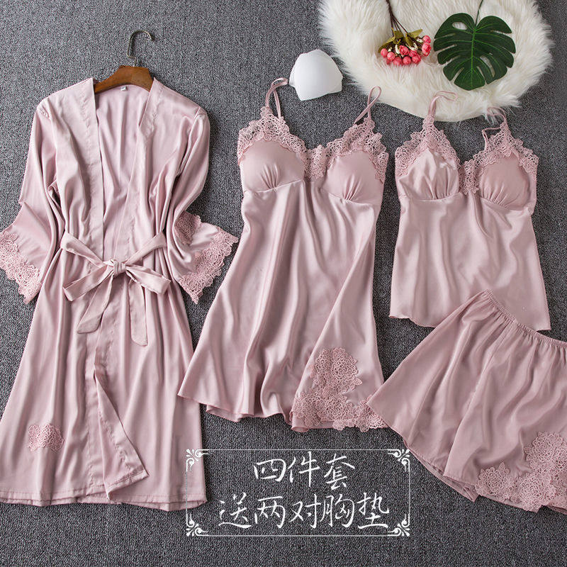Spring and Autumn pajamas Women's summer sexy four-piece set ice silk suspender nightgown with chest pad Women can wear nightgown home clothes