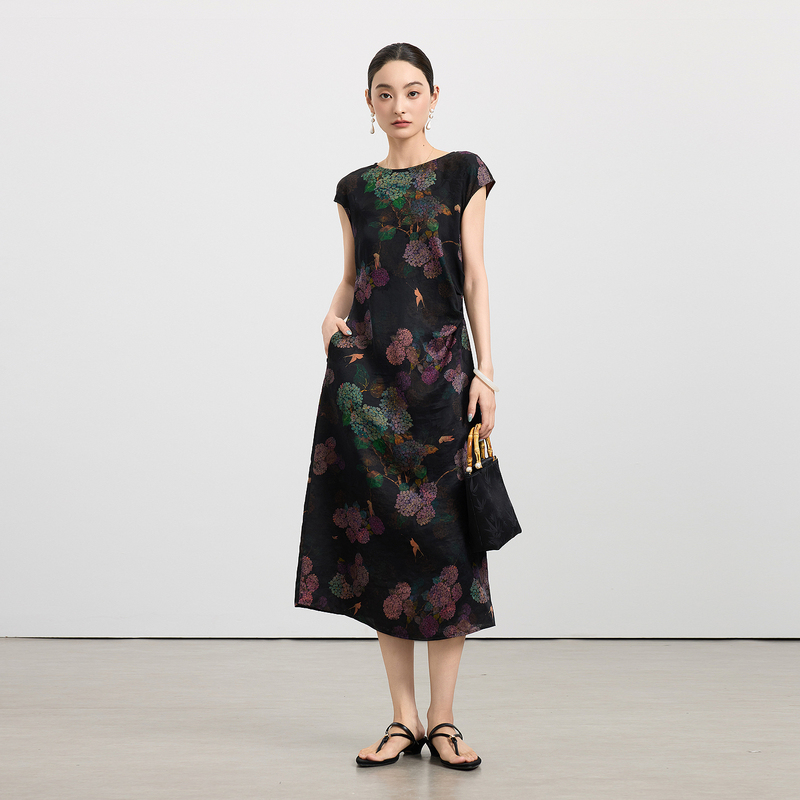 Chensmchen【Hydrangea Sequence】100% Mulberry Silk Floral Fragrant Cloud Yarn Waist-Cinching Dress Cmhvl5726Lc