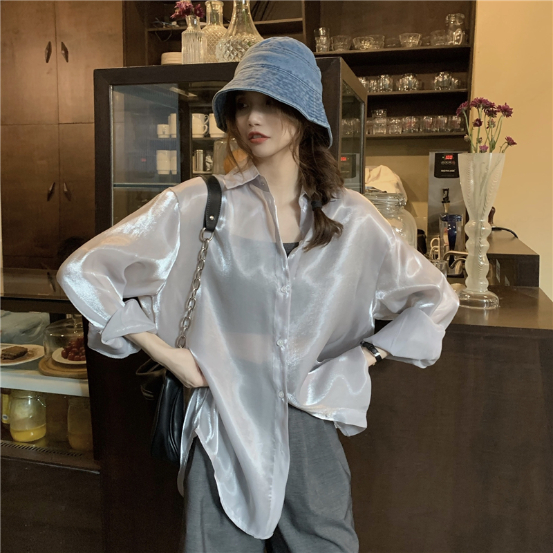 Mesh Sun Protection Jacket for Women, Summer Slightly See-Through Sexy Cardigan Top, Loose Shiny Silk Shirt, Light and Flowy, Super Fairy-Like Mesh Sun Protection Jacket for Women, Summer Slightly See-Through Sexy Cardigan Top, Loose Shiny Silk Shirt, Light and Flowy, Super Fairy-Like