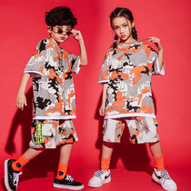Childrens street dance trendy boy hip hop costume big summer suit girl camouflage boy handsome loose short sleeves