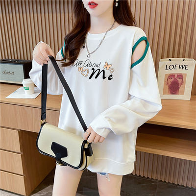 A thin, off-the-shoulder design hoodie for women in spring and autumn, a loose, large-sized women's top for chubby girls, and a long-sleeved autumn coat