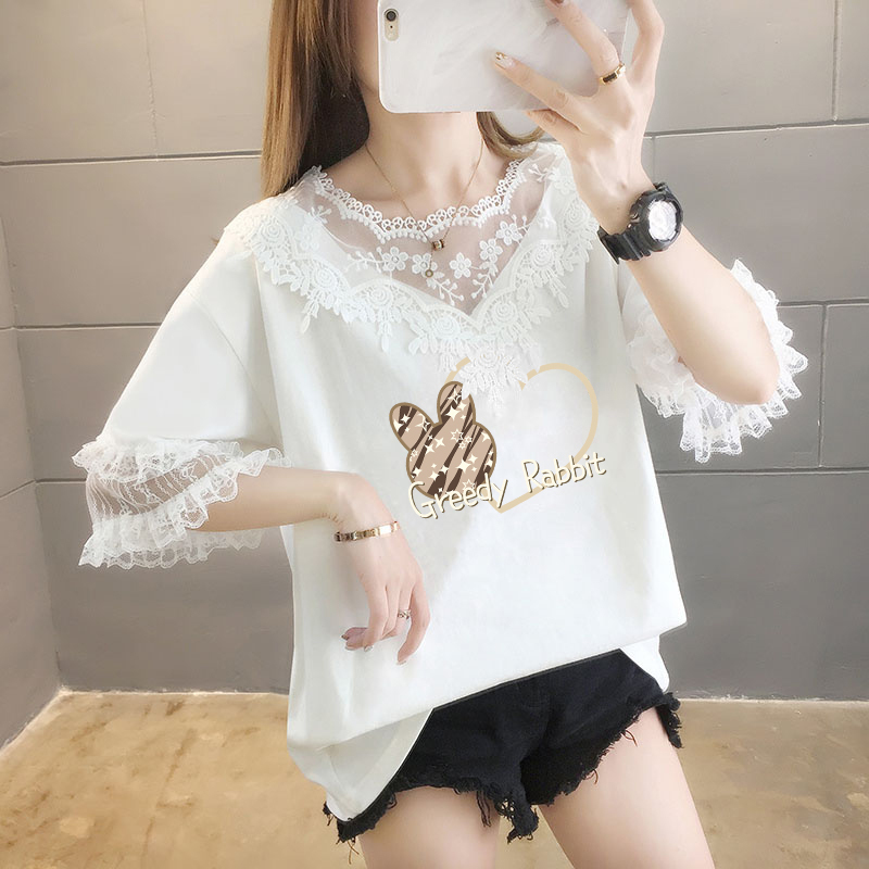 Trendy Lace Patchwork Short-Sleeve T-Shirt for Women, Summer 2026 New Style, Plus Size, Loose Fit, Korean Style, Regular Shoulder, V-Neck Top Trendy Lace Patchwork Short-Sleeve T-Shirt for Women, Summer 2026 New Style, Plus Size, Loose Fit, Korean Style, Regular Shoulder, V-Neck Top